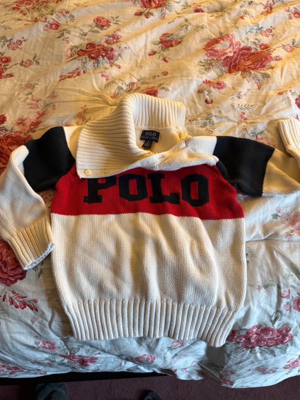 Polo by Ralph Lauren Cream Red Navy Turtleneck Knit Sweater